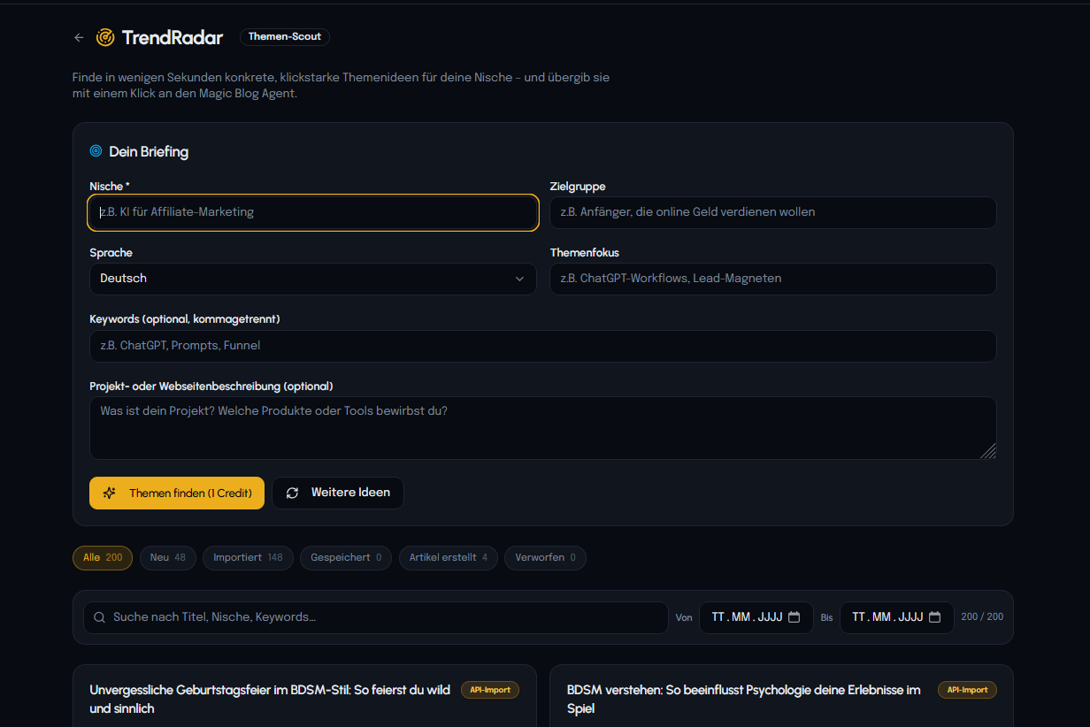 TrendRadar Briefing – Nische, Zielgruppe, Keywords