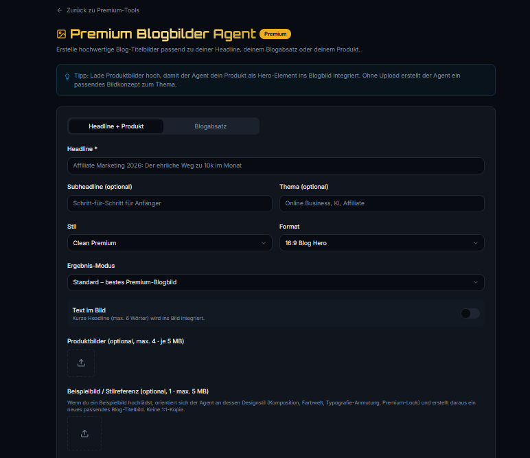 Premium Blogbilder Agent – Oberfläche zur Erstellung von Blog-Titelbildern